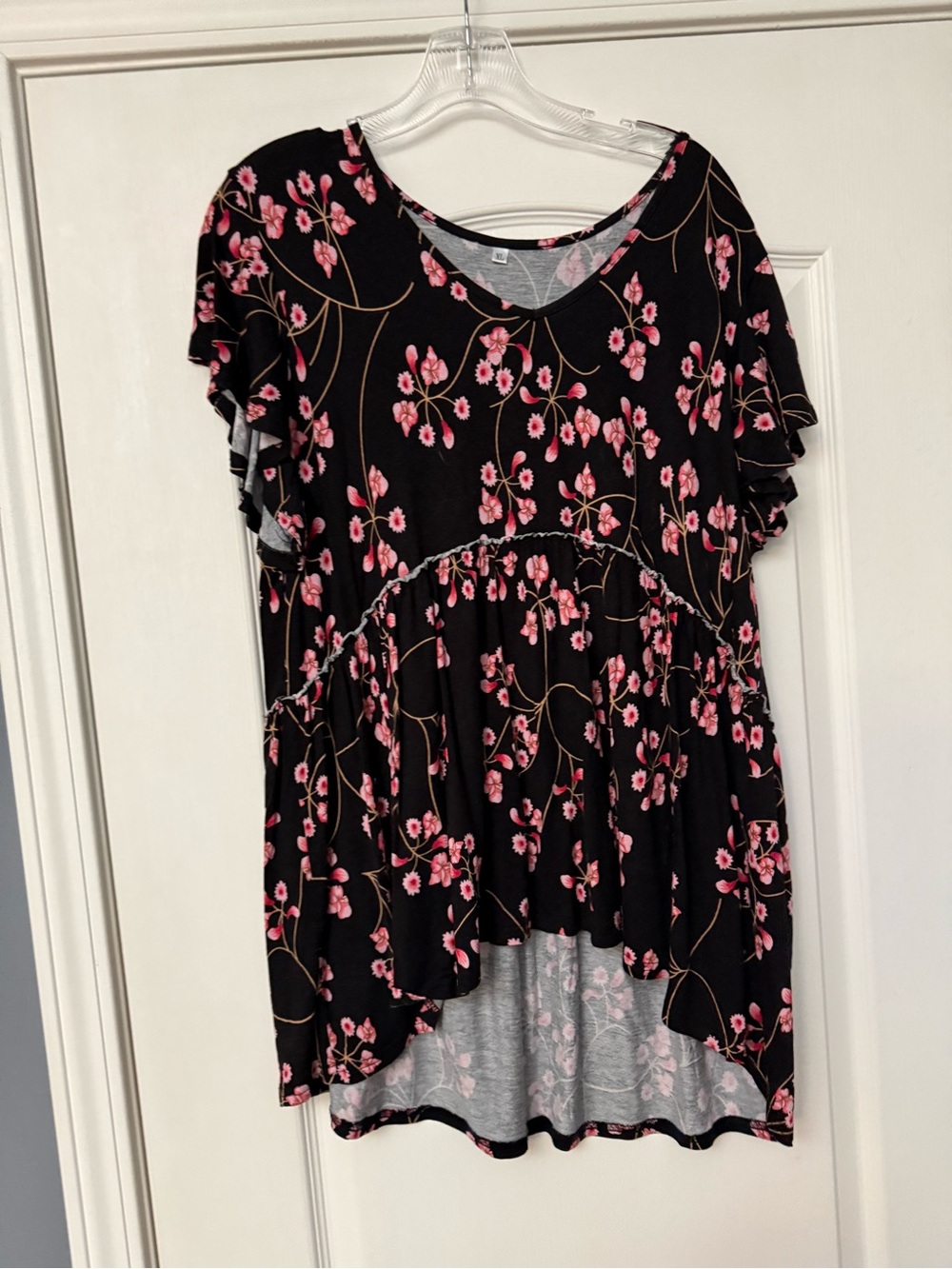 Black Floral V-Neck Flutter Sleeve Women’s Top - Pink Blossoms